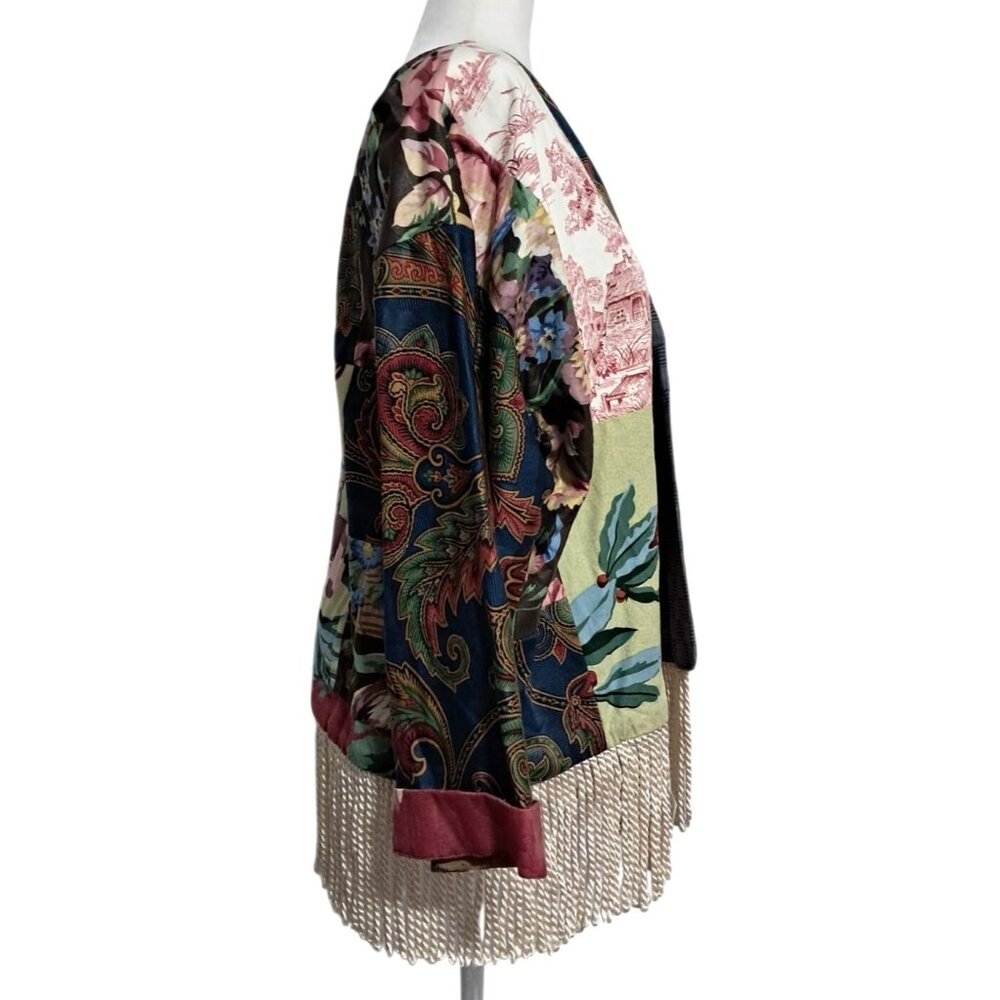 Vintage Boho Patchwork Fringe Floral Kimono Jacket Multicolor Artsy Toile Paisle - Picture 8 of 11